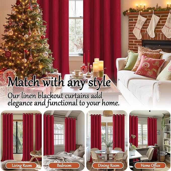 Red Linen Blackout Curtains for Living Room, 52x90 Inch 2 Panels | Faux Linen - Image 7