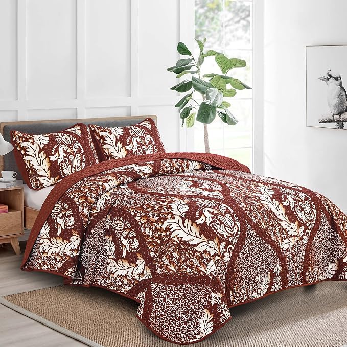 DJY Damask Quilt King Size, Boho Lightweight Bedding Set 3 Pcs, Burgundy | - Image 2