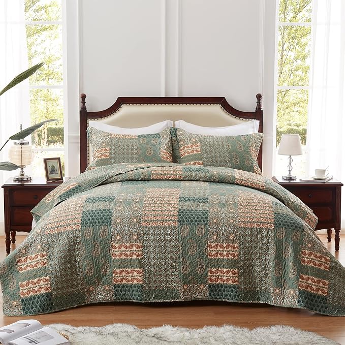Quilt Set - Full/Queen Size Floral Paisley Olive Green Bedding Set - Image 2