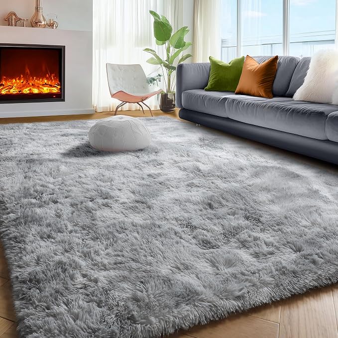 Light Grey Shaggy Abstract Area Rug 6x9 Feet, Plush Fluffy Rugs - Image 3