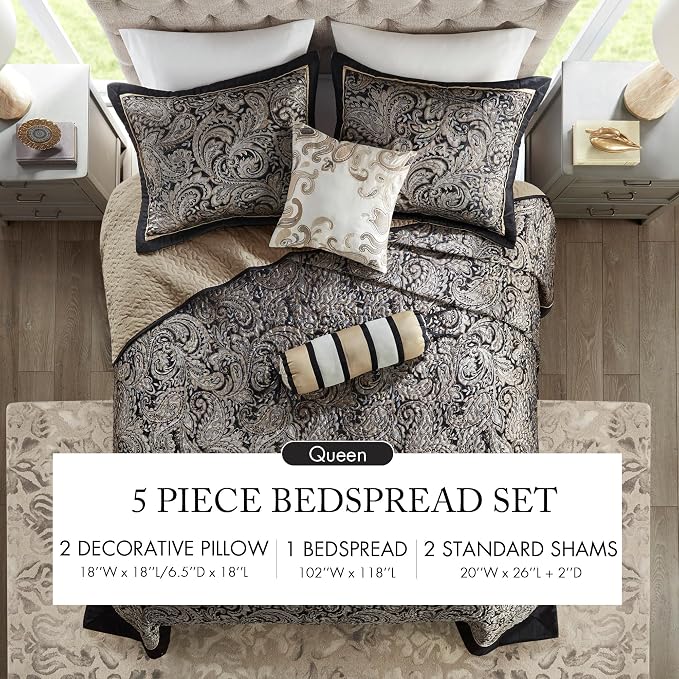 Madison Park Reversible Jacquard Quilted Queen Bedspread Set Black, All-Season - Image 7