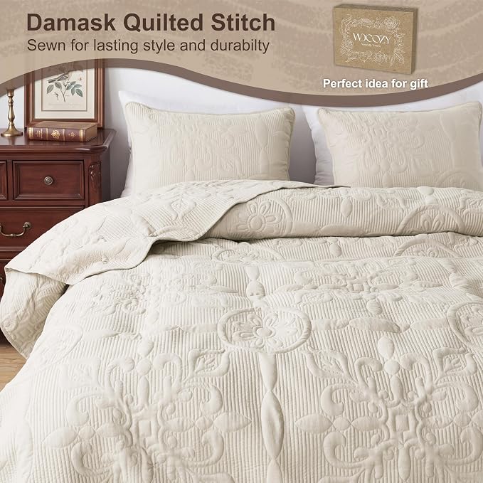 Light Beige Damask Quilt Queen Size Bedding Sets - Image 4