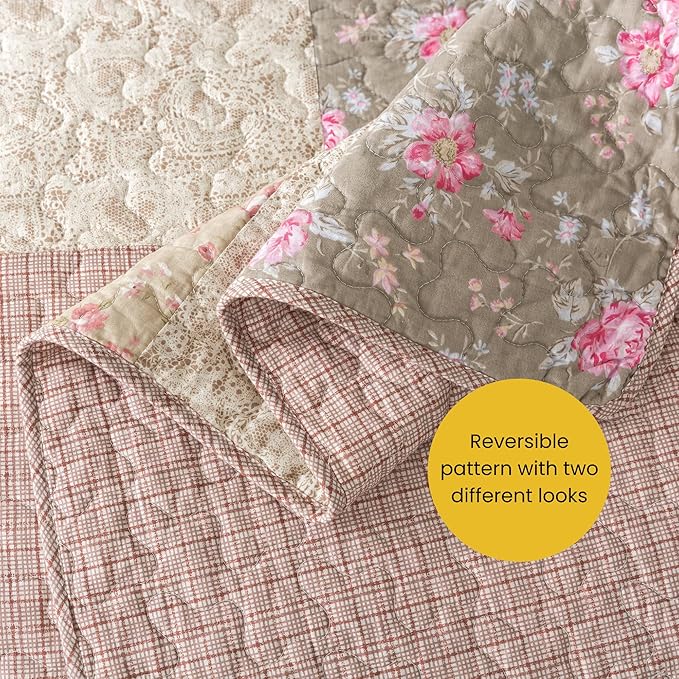 SLPR - Secret Garden Pink Patchwork Cotton Quilt Set, Queen - Image 5