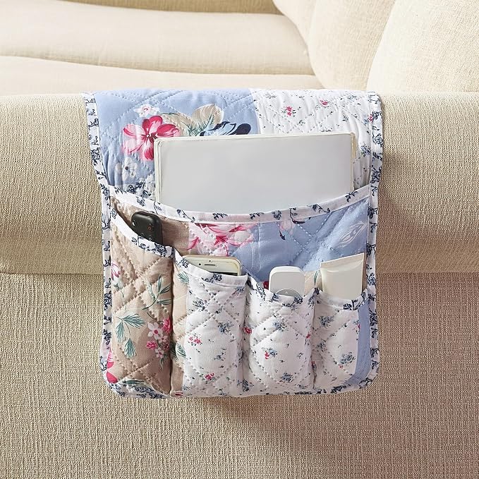 Brilliant Sunshine Blue Beige Rose Toile Couch Armrest Cover, Armrest Organizer by BrilliantSunshine