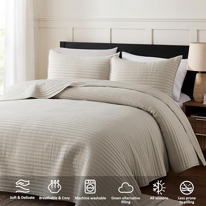 WDCOZY Queen Size Pick Stitch Quilt Set, 3 Pieces 90x90 inches, Channel - Image 3