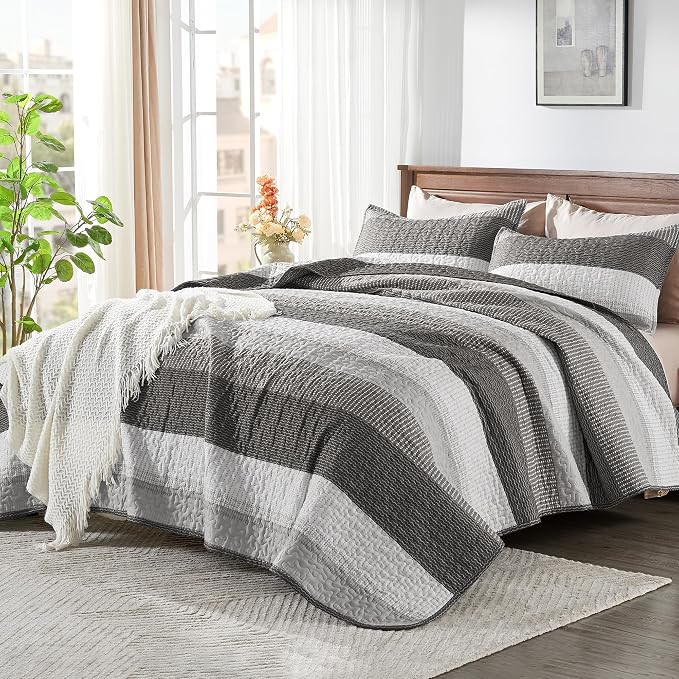 Oversized King Quilt Set, Dark Grey Stripe Bedspread, 3 Pieces | 120x98 Inch - Image 2