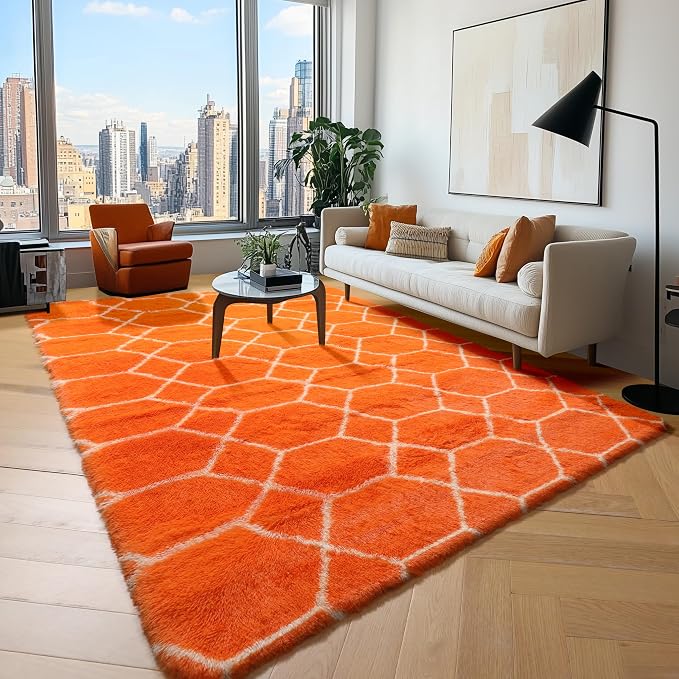 Rugs for Living Room Bedroom, 5x8 Fluffy Orange and White Area Rug, Geometric - Image 2