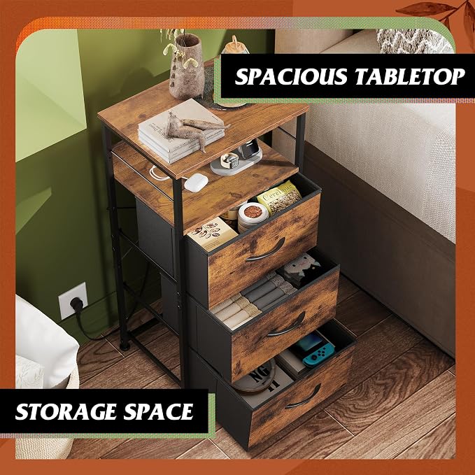 WLIVE Nightstand with Charging Station, 31.9" H Nightstand with 3 Fabric Drawers - Image 4