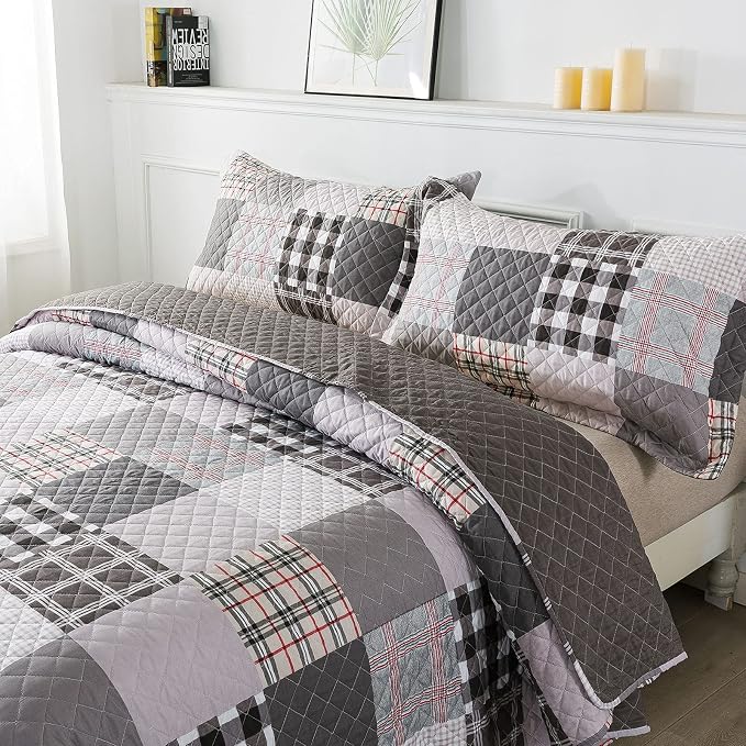 Quilt Set 3-Piece Oversized Quilted Bedspread Coverlet Set Grey European - Image 2