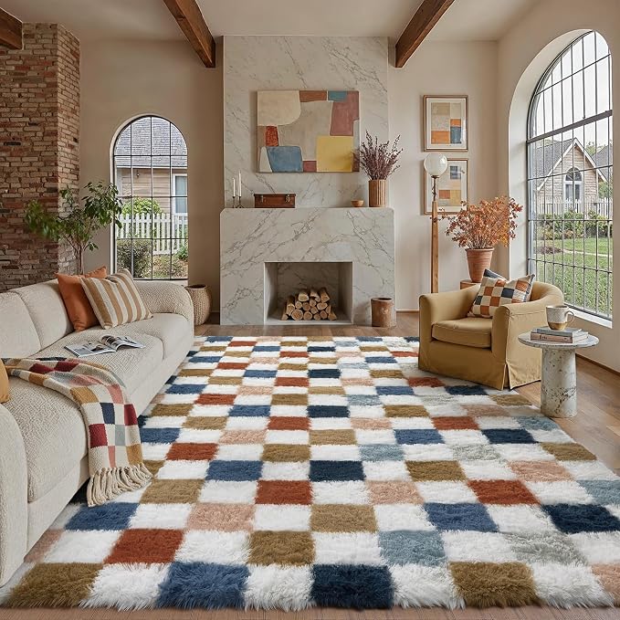 Checkered Area Rug 9x12 for Living Room Soft Fluffy Shag Carpet | Machine by PureCozy