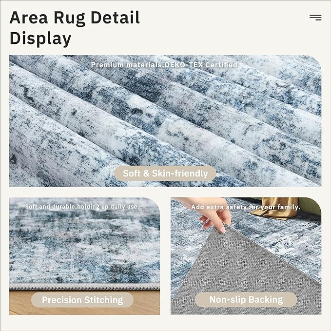 Soalmost 10x14 Area Rugs for Living Room Washable Rug Abstract Blue/Grey | - Image 6