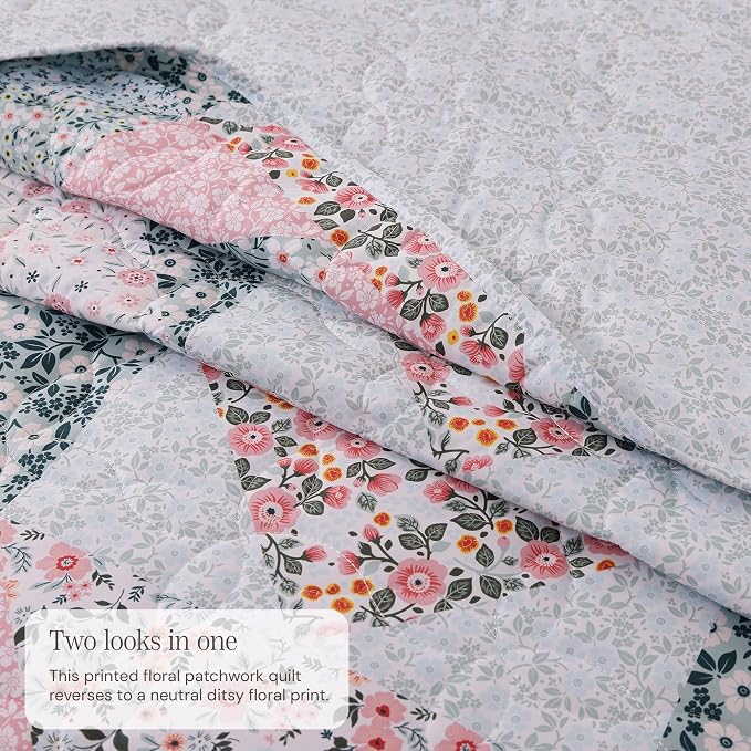 King Quilt Set-3 Pieces Soft Bedding Lightweight Floral Patchwork Coverlet | - Image 3