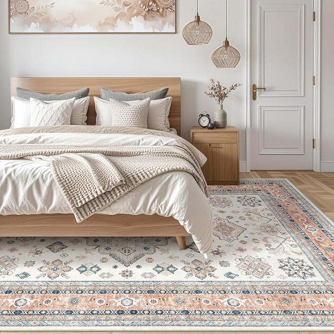 cotiled 6x9 Area Rug for Living Room, Traditional, Coral Pink | Soft Distressed - Image 6