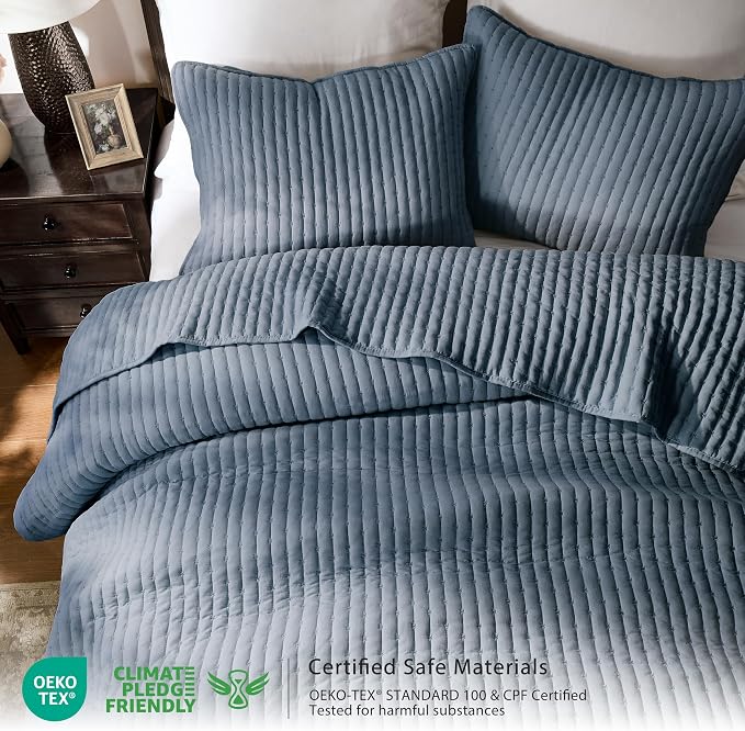 WDCOZY Blue Cross Stitch Queen Size Quilt Set, Striped Lightweight Soft - Image 2