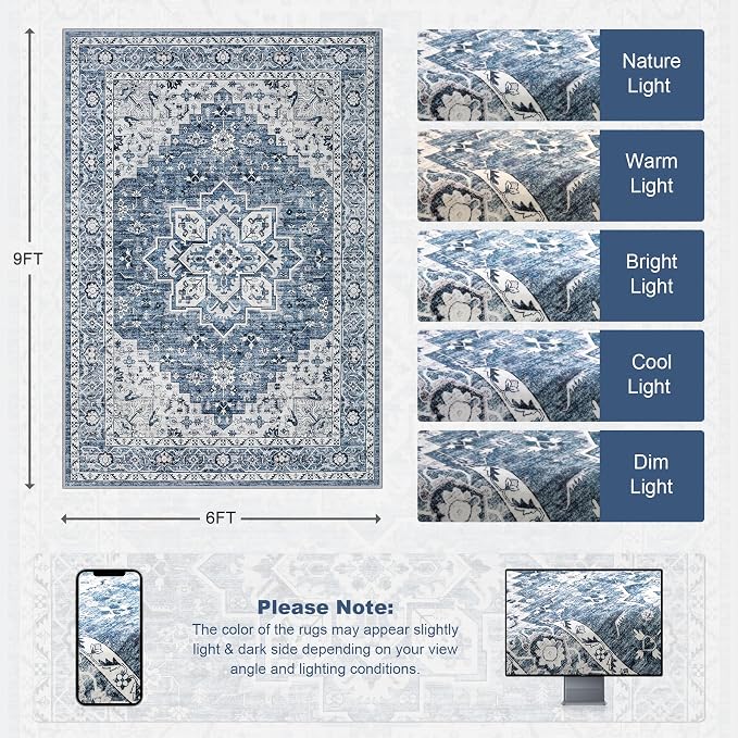 6x9 Area Rugs Living Room: Washable Vintage Rug - Image 2