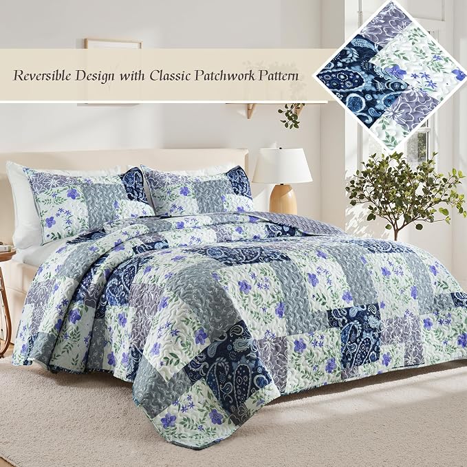Whale Flotilla California King Size Quilt Set, Extra Soft Floral Bedspreads | - Image 2