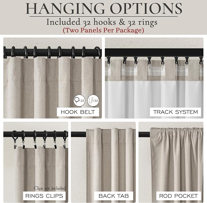 Grey Flax Taupe Hook Belt&Rod Pocket Curtains 84 inch Length 2 Panels Set - Image 5