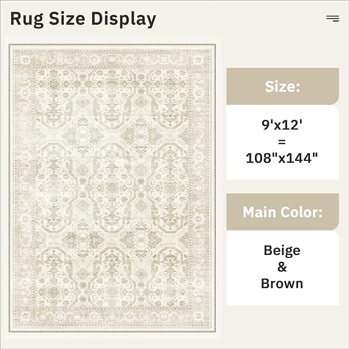 Soalmost 9x12 Area Rugs for Living Room Washable Rug Non-Slip Beige/Brown | - Image 5