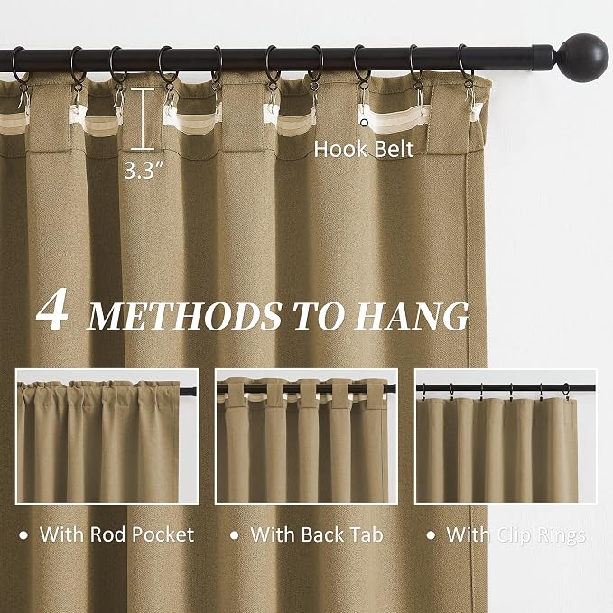 Burlap Linen Blackout Curtains 63 Inches Long, Back Tab Rod Pocket Hook Belt - Image 3