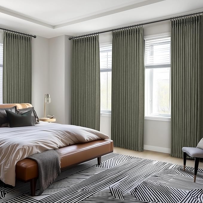 Blackout Extra Wide Pleated Linen Greenish Grey Curtains 84 Inches Long | - Image 8