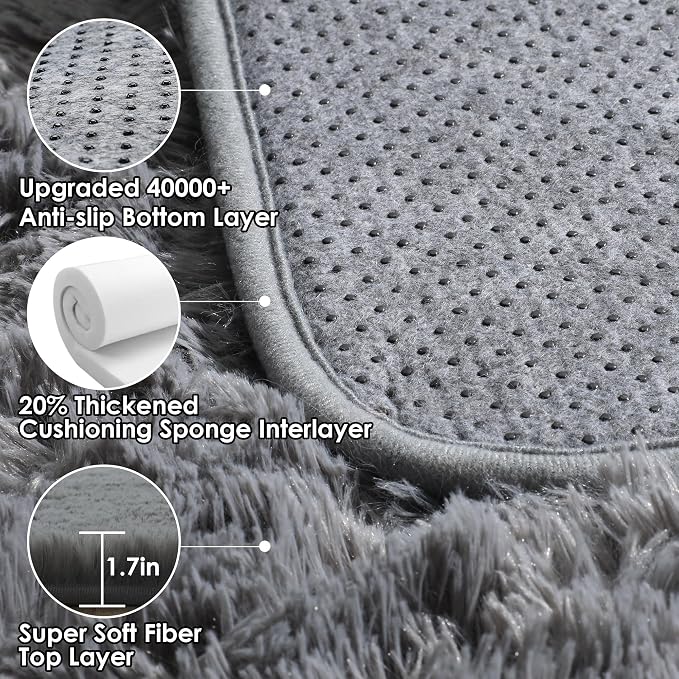 Grey Area Rugs for Living Room, 5x8 Gray Fluffy Shag Bedroom Rug, Ultra Soft - Image 3