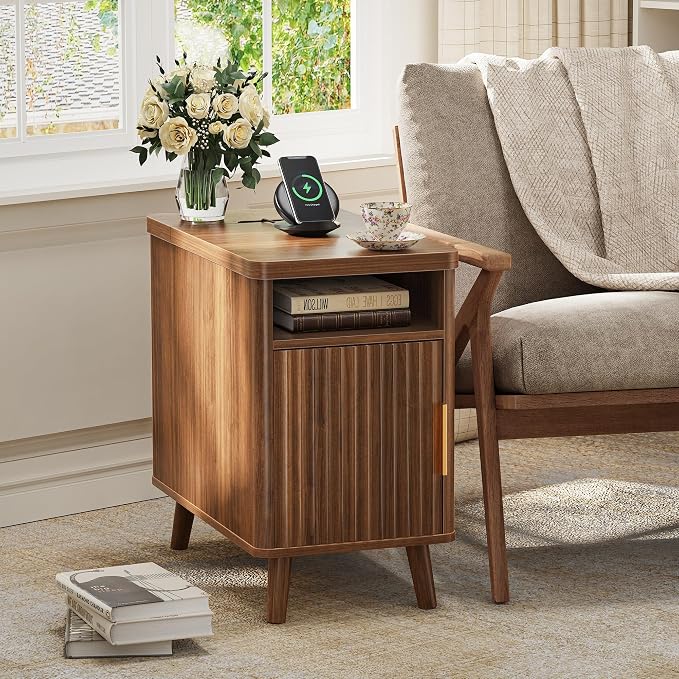 Huuger Narrow End Table with Charging Station, USB-C Port | Fluted Nightstand - Image 8