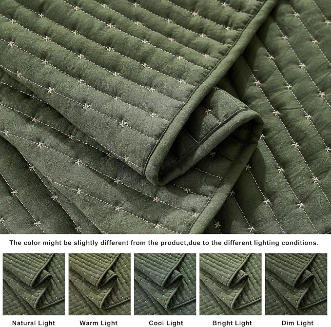 WDCOZY Olive Green Cross Stitch Queen Size Quilt Set, Striped Lightweight Soft - Image 5
