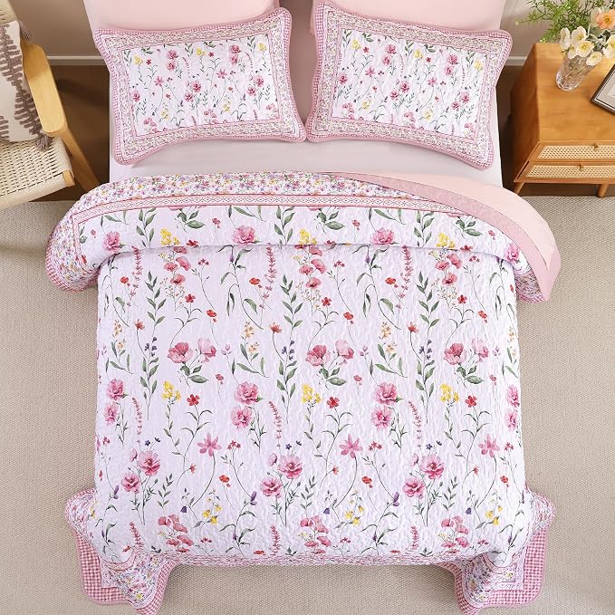 WONGS BEDDING Floral Quilt Set King, Microfiber Lightweight Farmhouse Bed Cover - Image 3