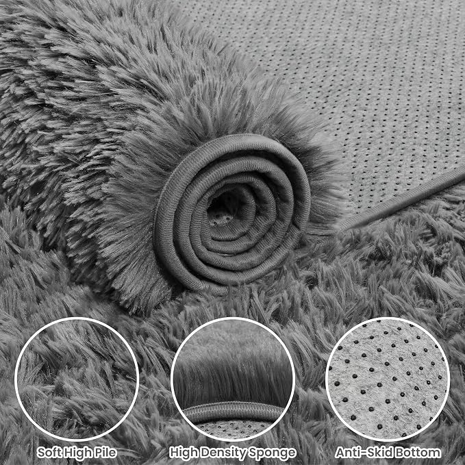 5x8 Fluffy Shag Area Rugs for Living Room Bedroom: Soft Carpet Light Gray | - Image 5