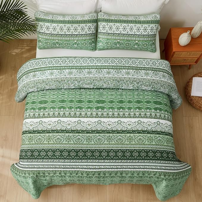 WONGS BEDDING Boho Quilt Set Full Size, Light Green Bohemian Full Quilt Bedding - Image 6