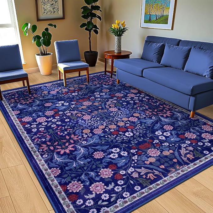 PLHXFR 8x10 Area Rug Living Room: Floral Washable Boho Soft Carpet Blue | - Image 2