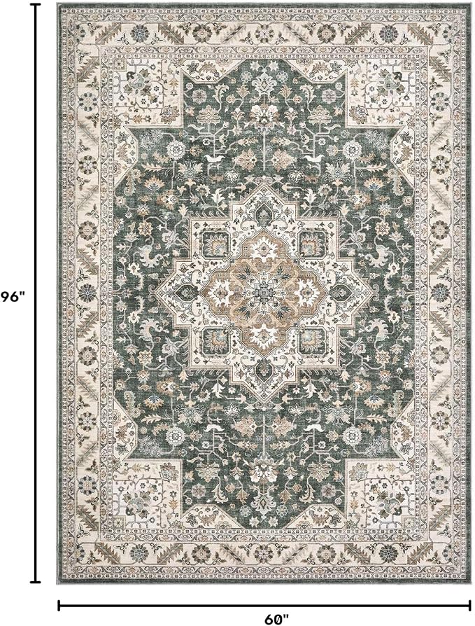 cotiled 5x8 Area Rug for Living Room, Traditional, Vintage Green | Soft - Image 2