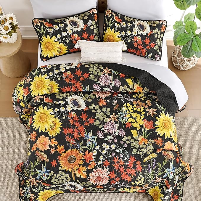 Yiran Black Yellow Full Size Quilt, Floral Bedspreads Bedding Set | 3 Pieces - Image 4