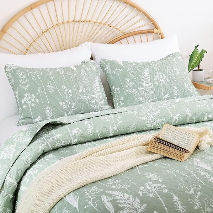 JANZAA Twin Quilt, Sage Green Quilt Set Floral Bedspread 2 Pcs Bedding Set | - Image 5