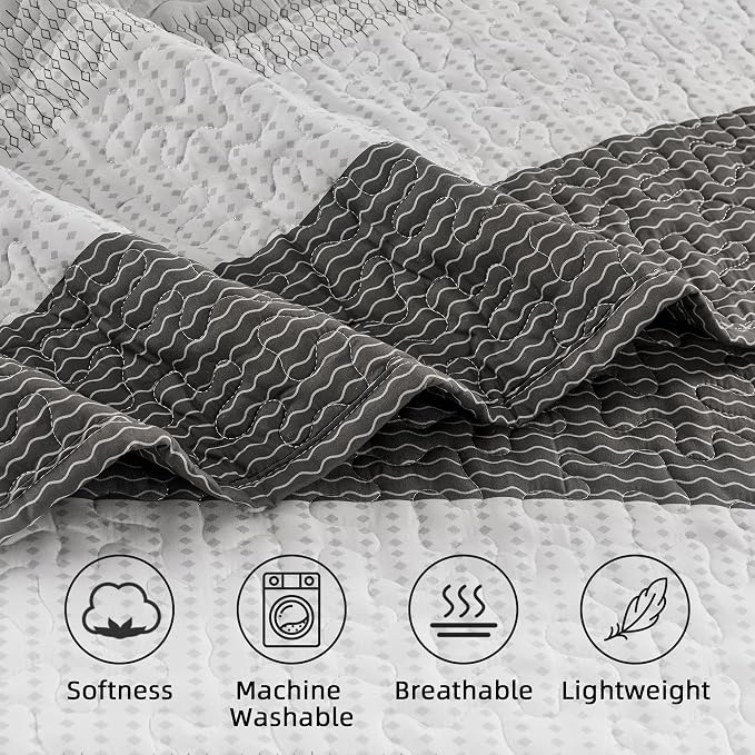 Queen Quilt Set Dark Grey, 3 Pieces Striped Bedspread | Ultra Soft Summer - Image 5