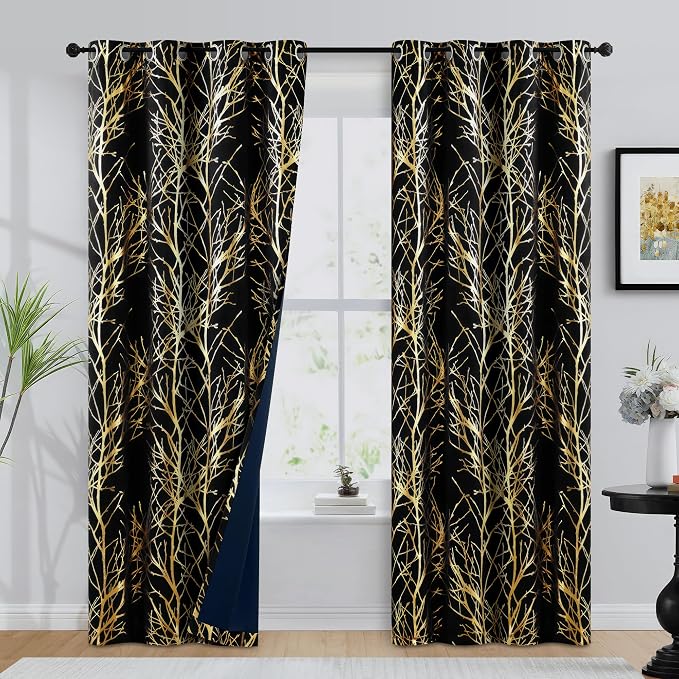 FMFUNCTEX 100% Blackout Black Gold Foil Tree Curtains 96 Inch Long 2 Panels | - Image 2