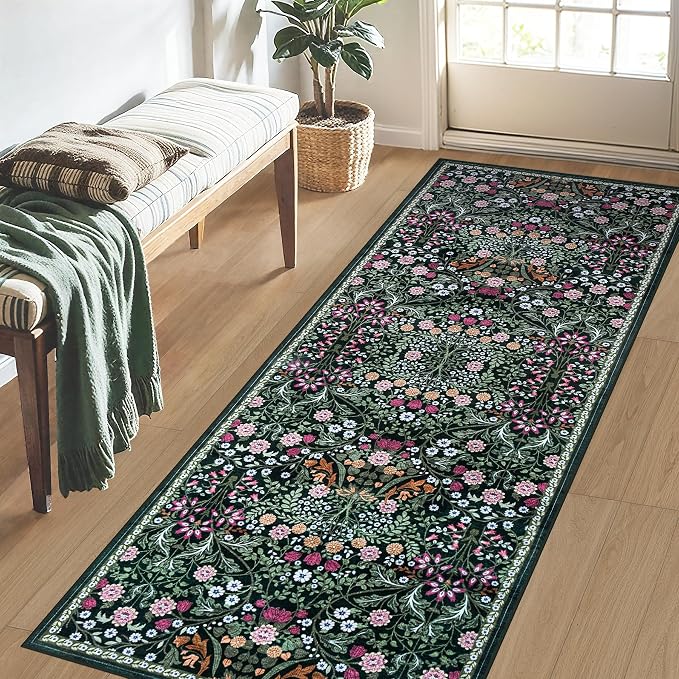 PLHXFR 2x5 Washable Runner Rug：Floral Indoor Kitchen Carpet Dark Green | - Image 3