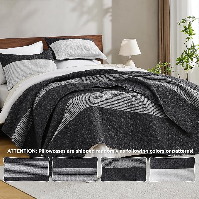 California King Quilt Set Black White, 3 Pieces Grey Bedspreads | Ultra Soft - Image 7