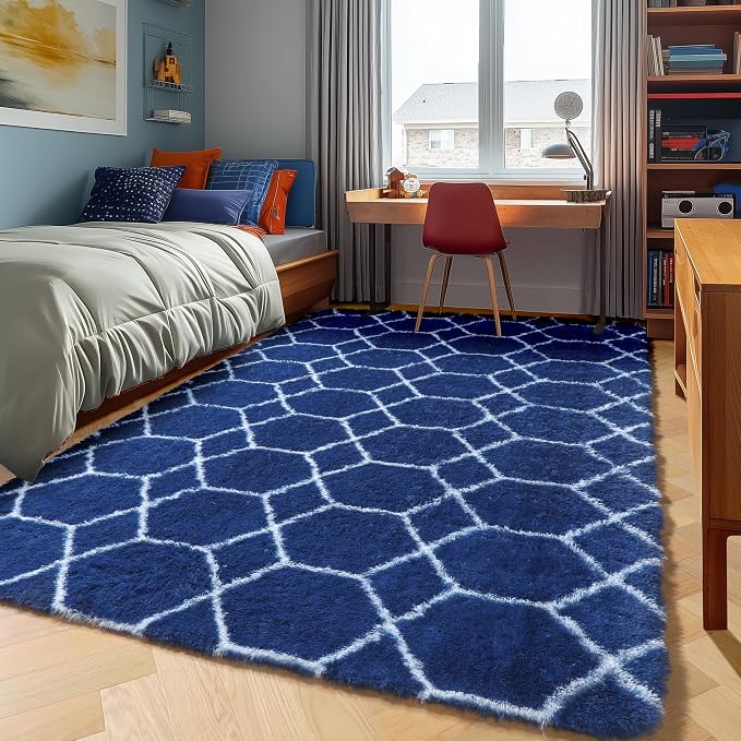 Area Rugs for Bedroom Living Room, 4x6 Fluffy Navy Blue and White Throw Rug for by ONASAR