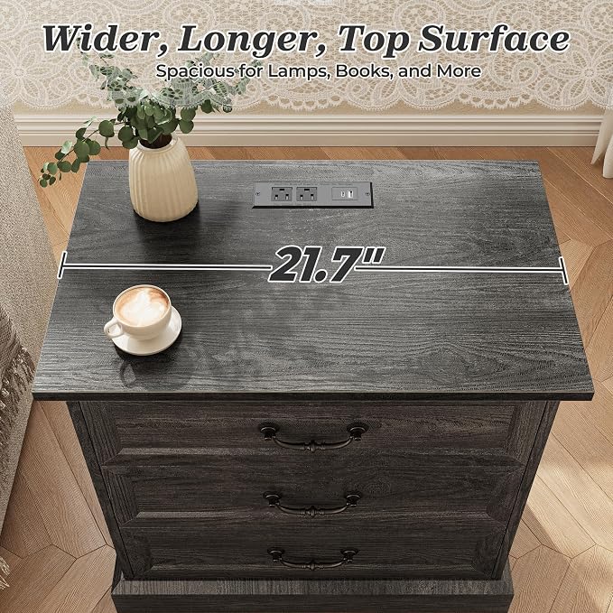 Huuger Nightstand with Charging Station, 3 Drawer Night Stand Set of 2 | 22 - Image 7