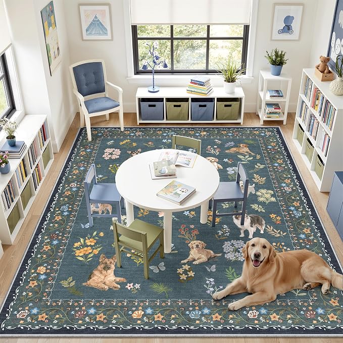 Soalmost Dog 9x12 Area Rugs for Living Room, Washable Soft Rug Navy Blue | - Image 4
