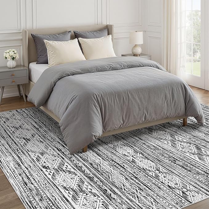 Nakagishi Boho 5x7 Area Rug Living Room Rugs Machine Washable Black White | Soft - Image 5