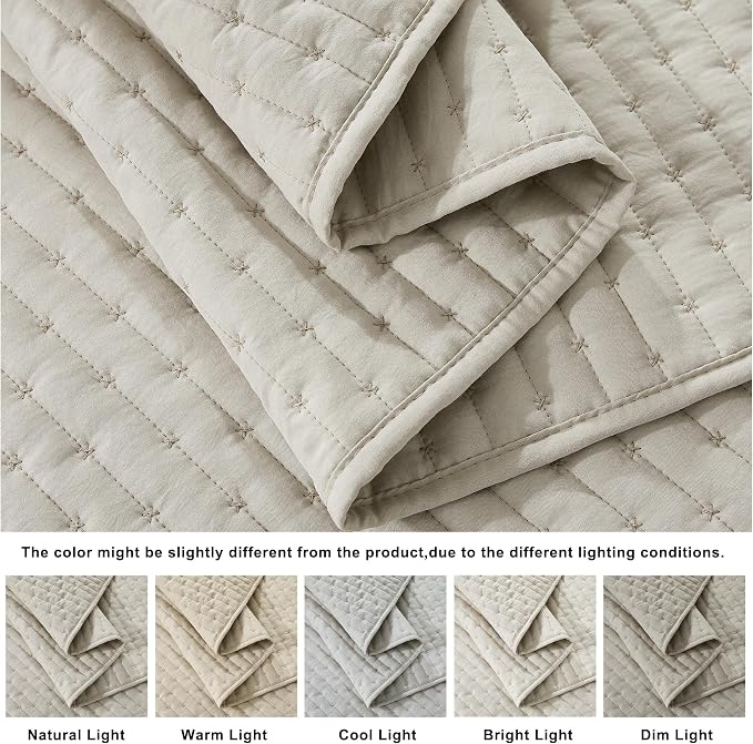 WDCOZY Beige Cross Stitch King Size Quilt Set, Netural Striped Lightweight Soft - Image 5