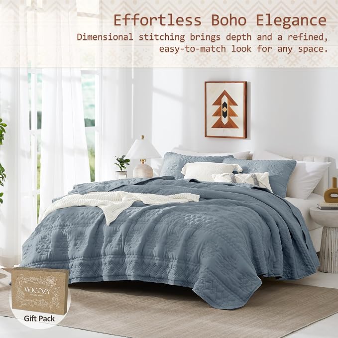 WDCOZY Boho Blue Grey Quilt King Size Bedding Sets - Image 2