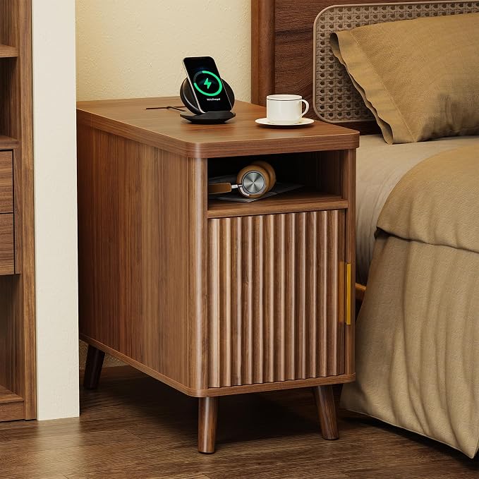 Huuger Narrow End Table with Charging Station, USB-C Port | Fluted Nightstand by Huuger