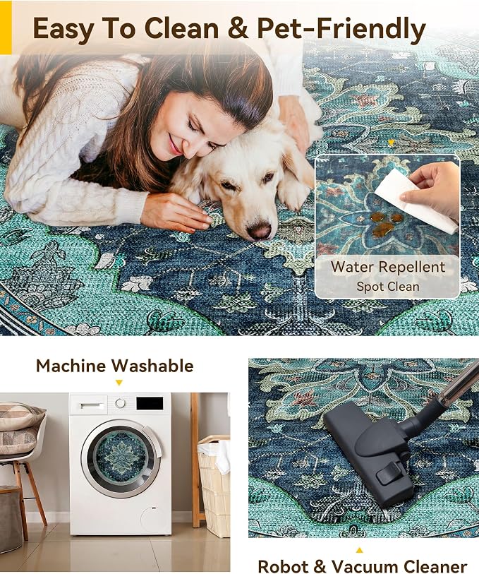 RELEANY Washable Area Rug, Round 6ft, Teal | Non-Slip, Water Repellent - Image 5