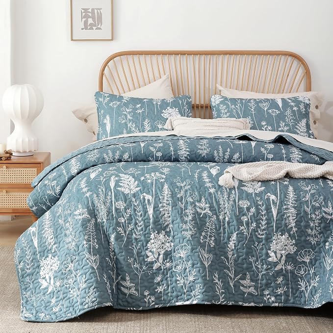 JANZAA Quilt King Size, Mineral Blue Bedspread Floral Bedding Set 3 Pieces | - Image 4