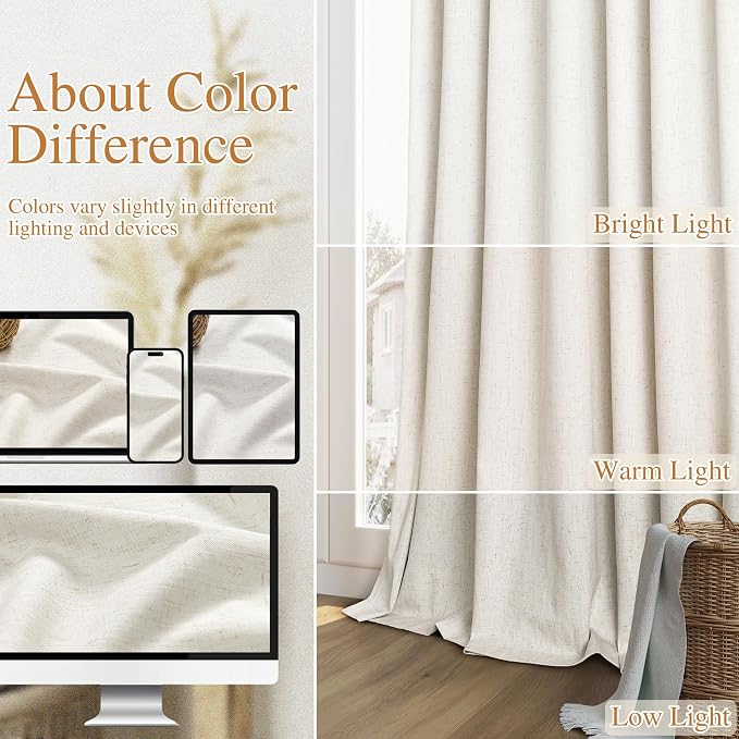 100% Blackout Linen Curtains for Bedroom 63 Inches Long Natural Cream Black Out - Image 7