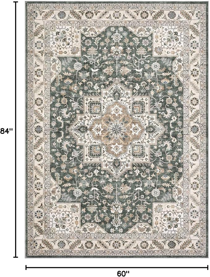 cotiled 5x7 Area Rug for Living Room, Traditional, Vintage Green | Soft - Image 2