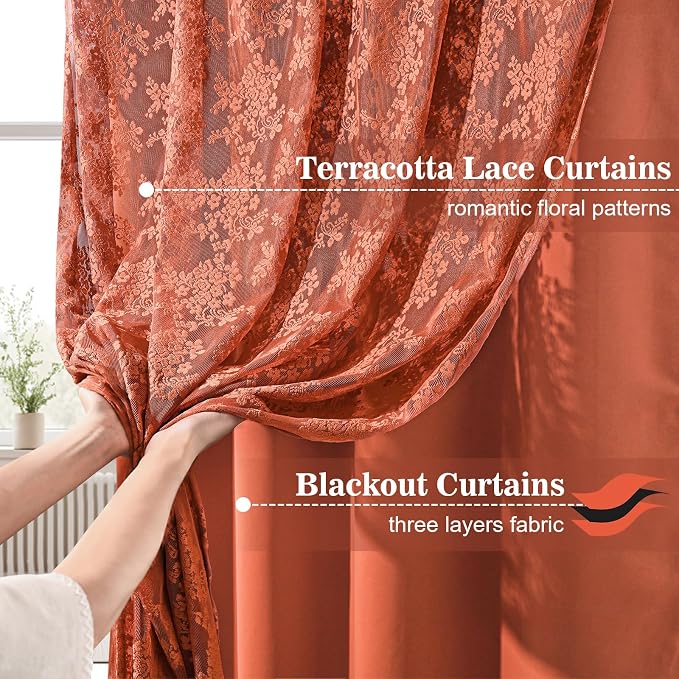 Yinhua Terracotta Kitchen Curtains 36 Inch Length Double Layer Curtain - Image 3